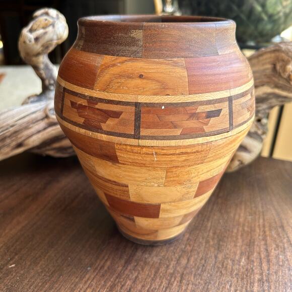 Vintage SOUTHWEST HAND TURNED WOOD Art VASE 7.5” tall - Picture 1 of 10